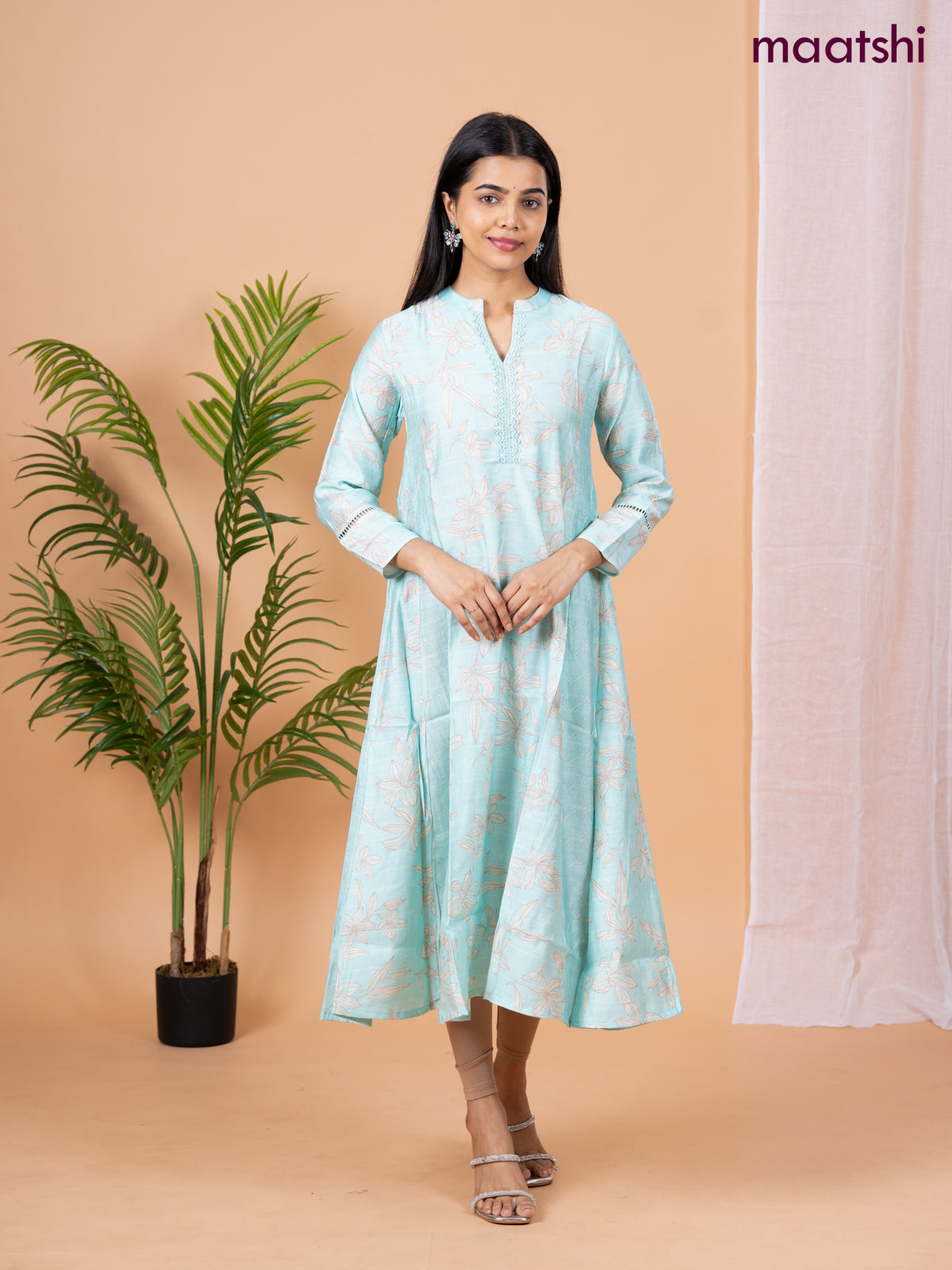 Rayon anarkali kurti teal blue with allover floral prints & sequin lace work neck pattern without pant