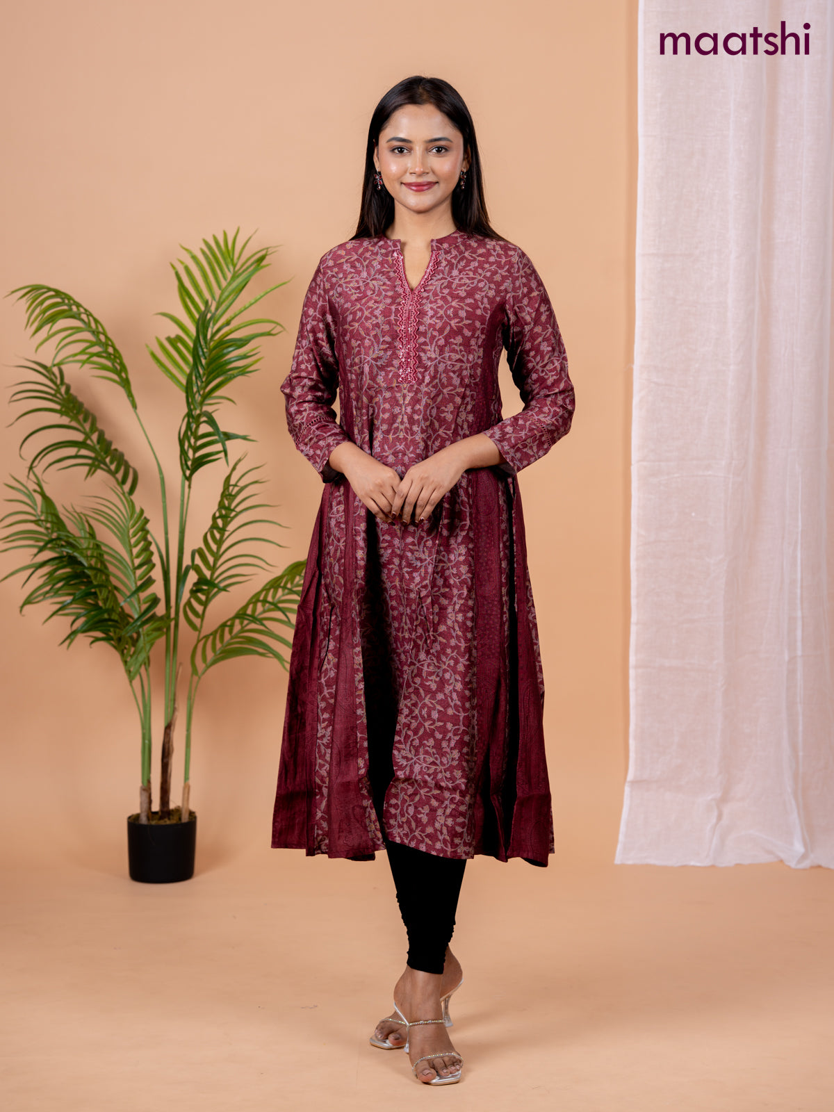 Rayon anarkali kurti maroon with allover floral prints & sequin lace work neck pattern without pant