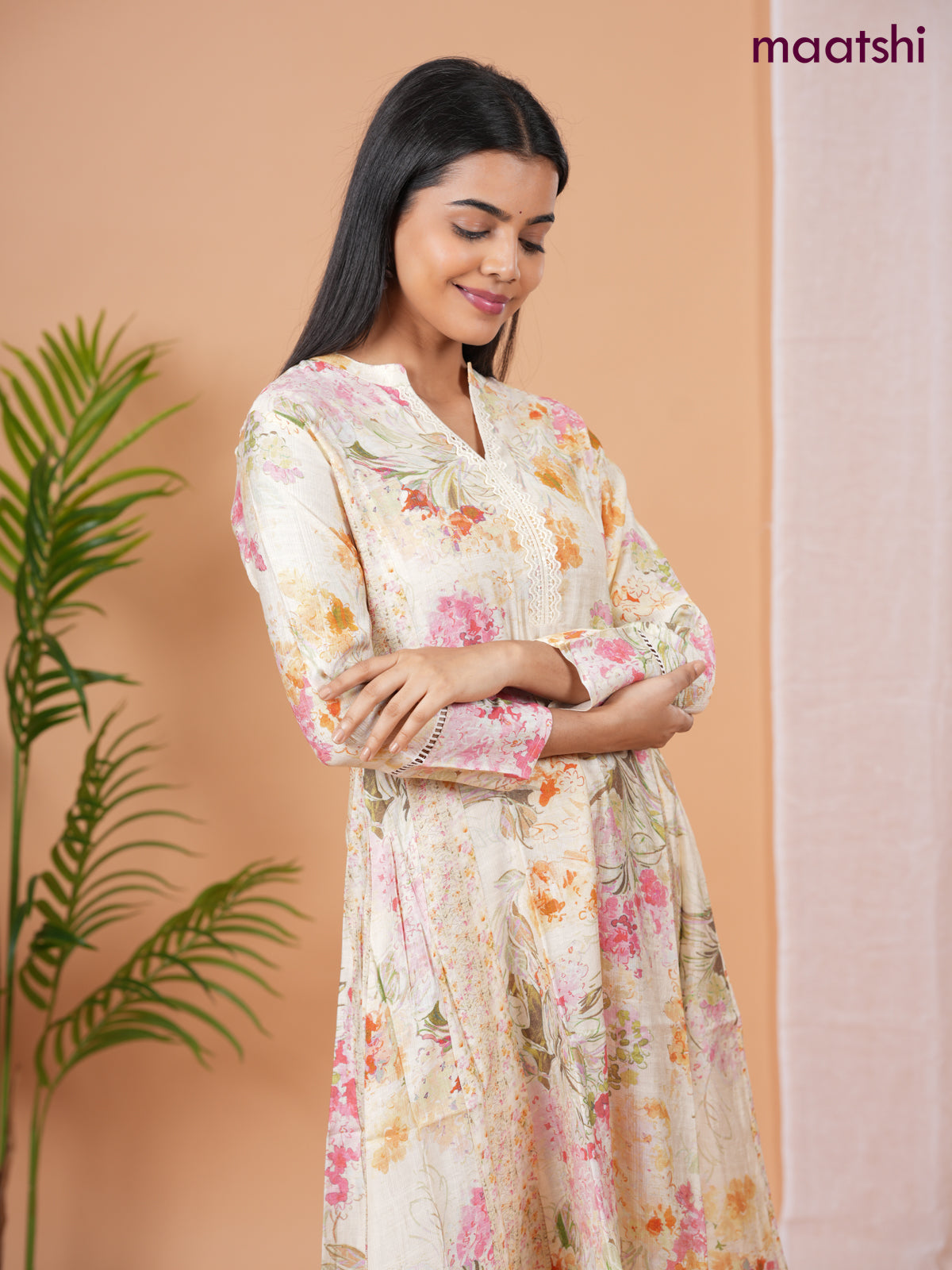 Rayon anarkali kurti cream with allover floral prints & sequin lace work neck pattern without pant