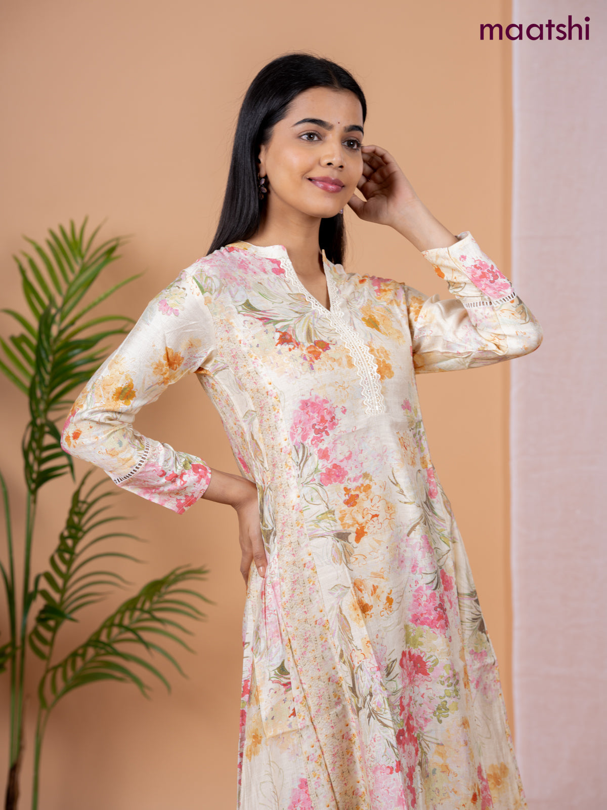 Rayon anarkali kurti cream with allover floral prints & sequin lace work neck pattern without pant