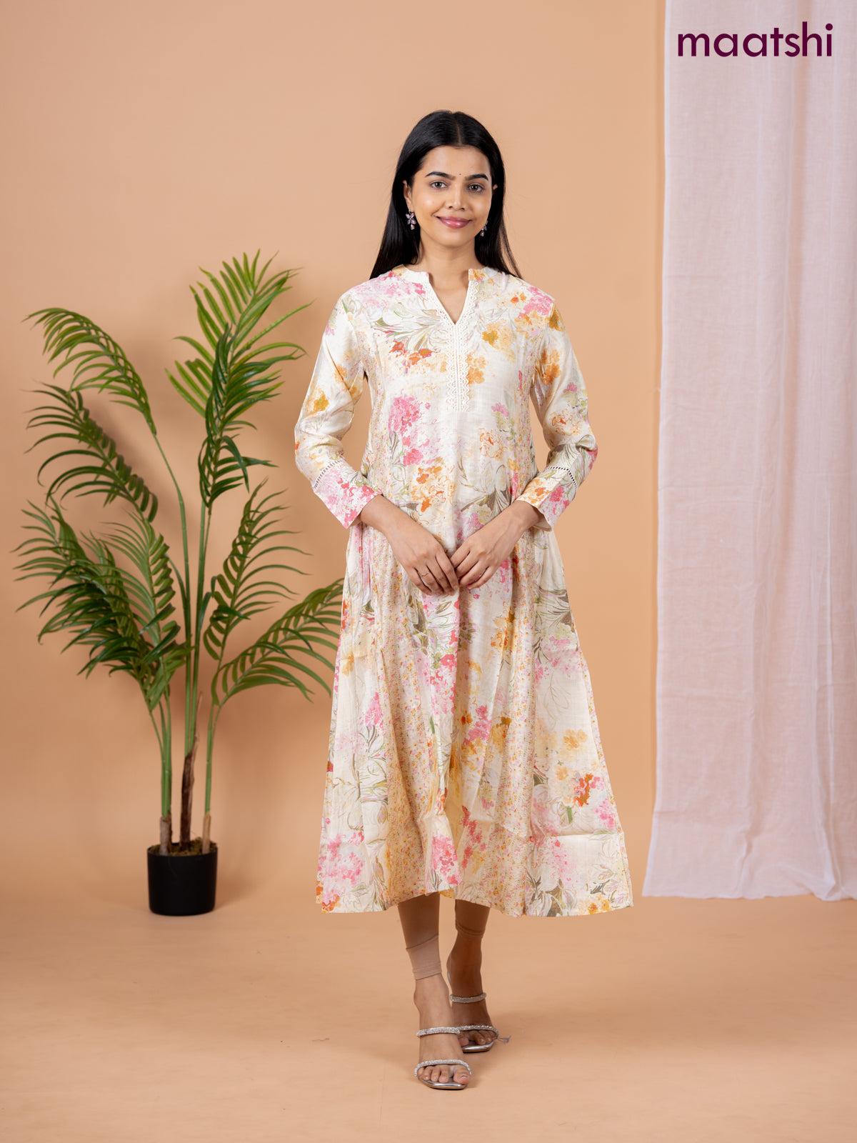 Rayon anarkali kurti cream with allover floral prints & sequin lace work neck pattern without pant