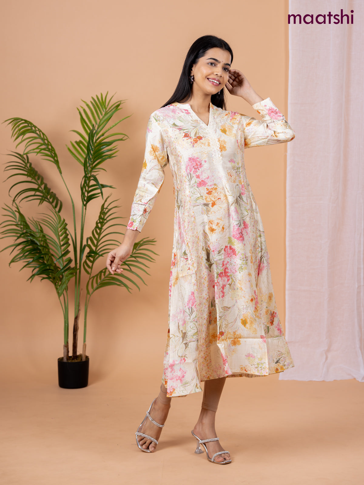 Rayon anarkali kurti cream with allover floral prints & sequin lace work neck pattern without pant