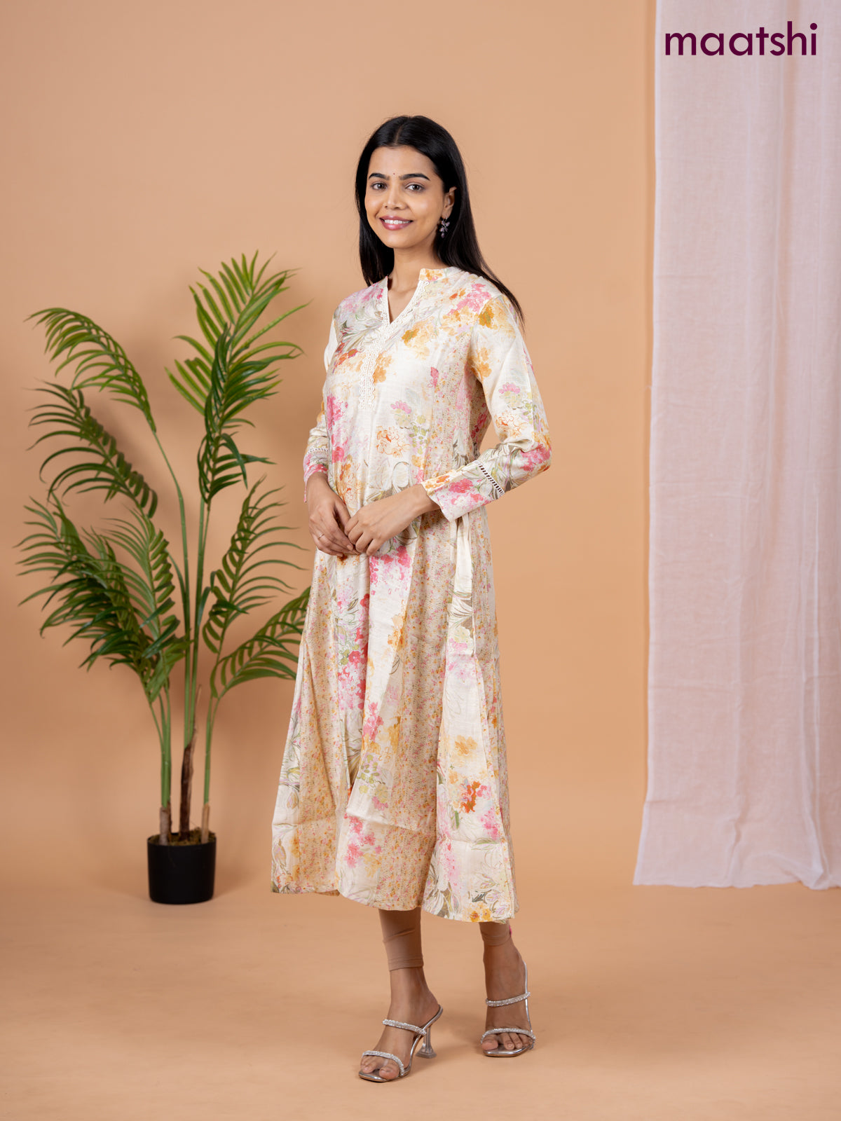 Rayon anarkali kurti cream with allover floral prints & sequin lace work neck pattern without pant