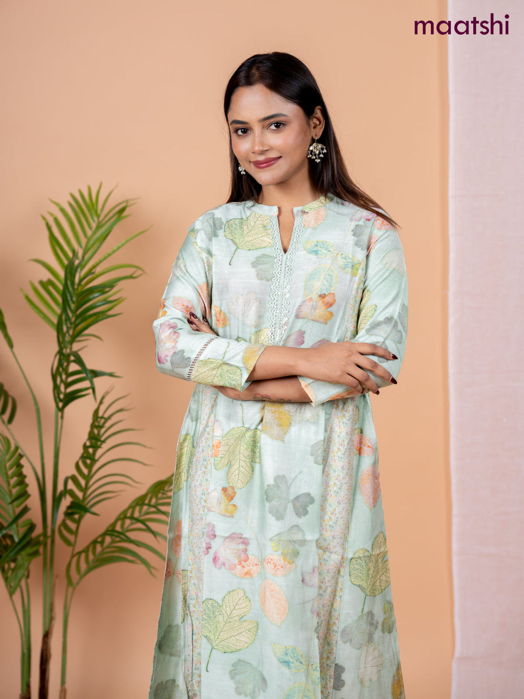 Rayon anarkali kurti pastel green with allover floral prints & sequin lace work neck pattern without pant