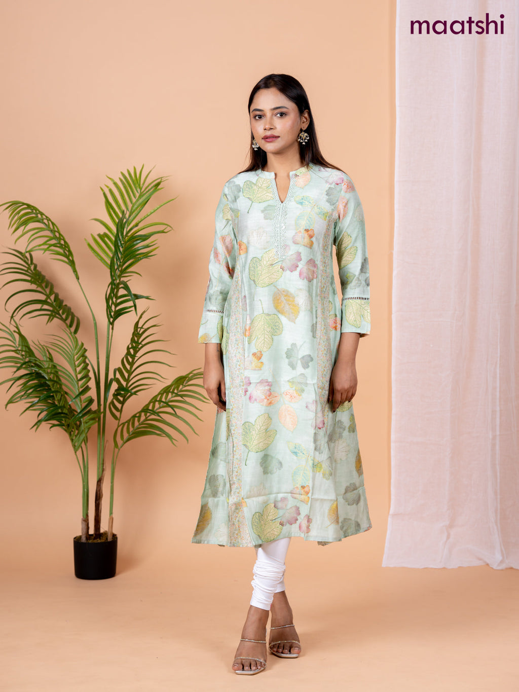 Rayon anarkali kurti pastel green with allover floral prints & sequin lace work neck pattern without pant