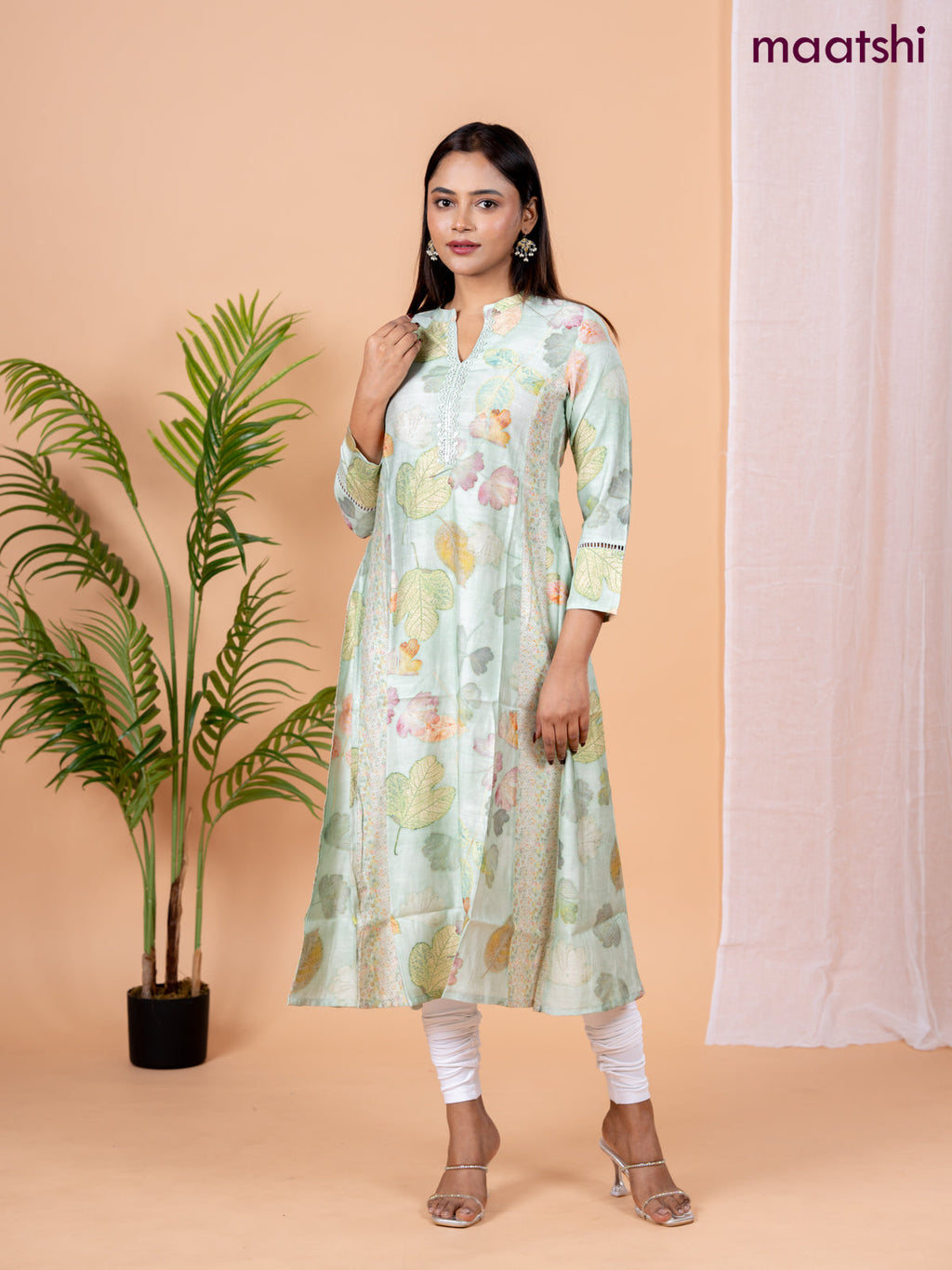 Rayon anarkali kurti pastel green with allover floral prints & sequin lace work neck pattern without pant