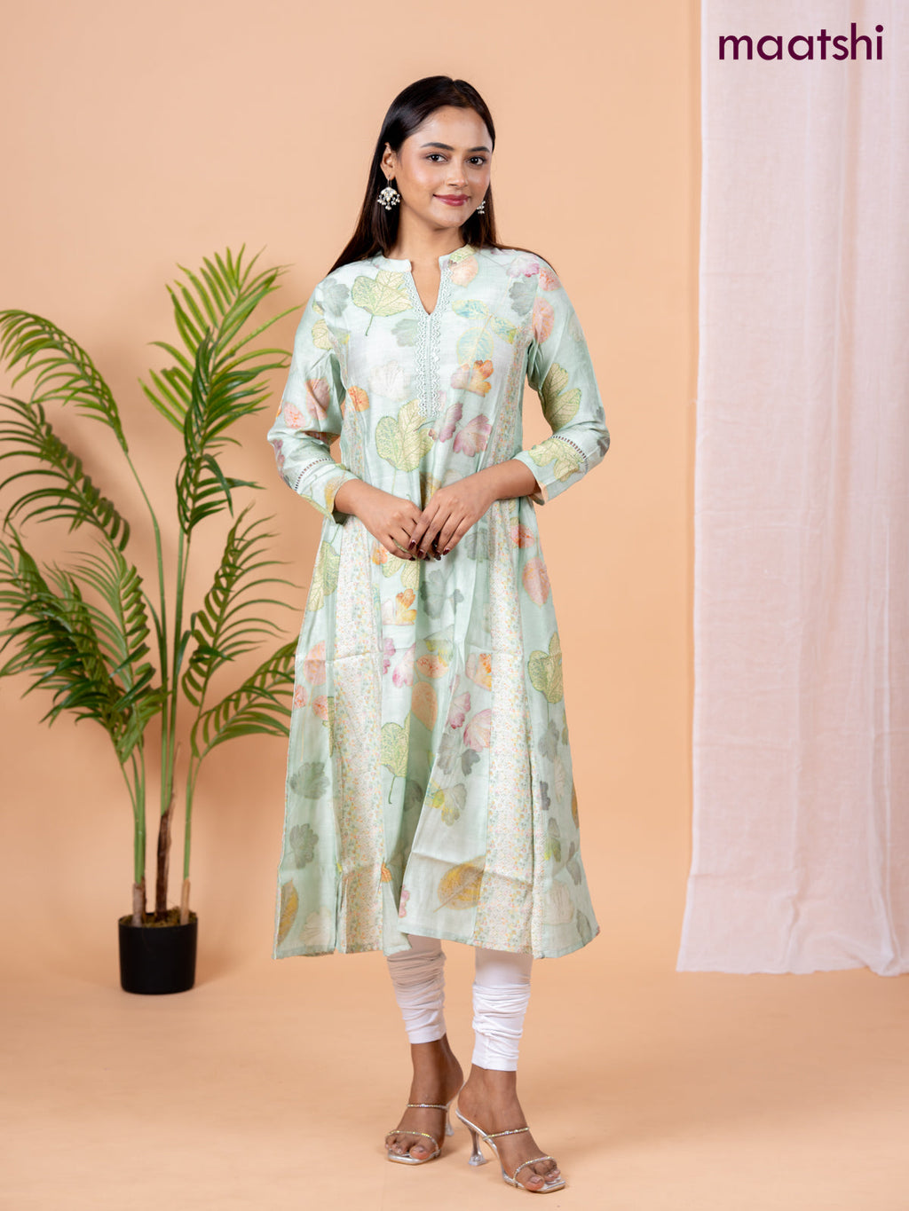 Rayon anarkali kurti pastel green with allover floral prints & sequin lace work neck pattern without pant