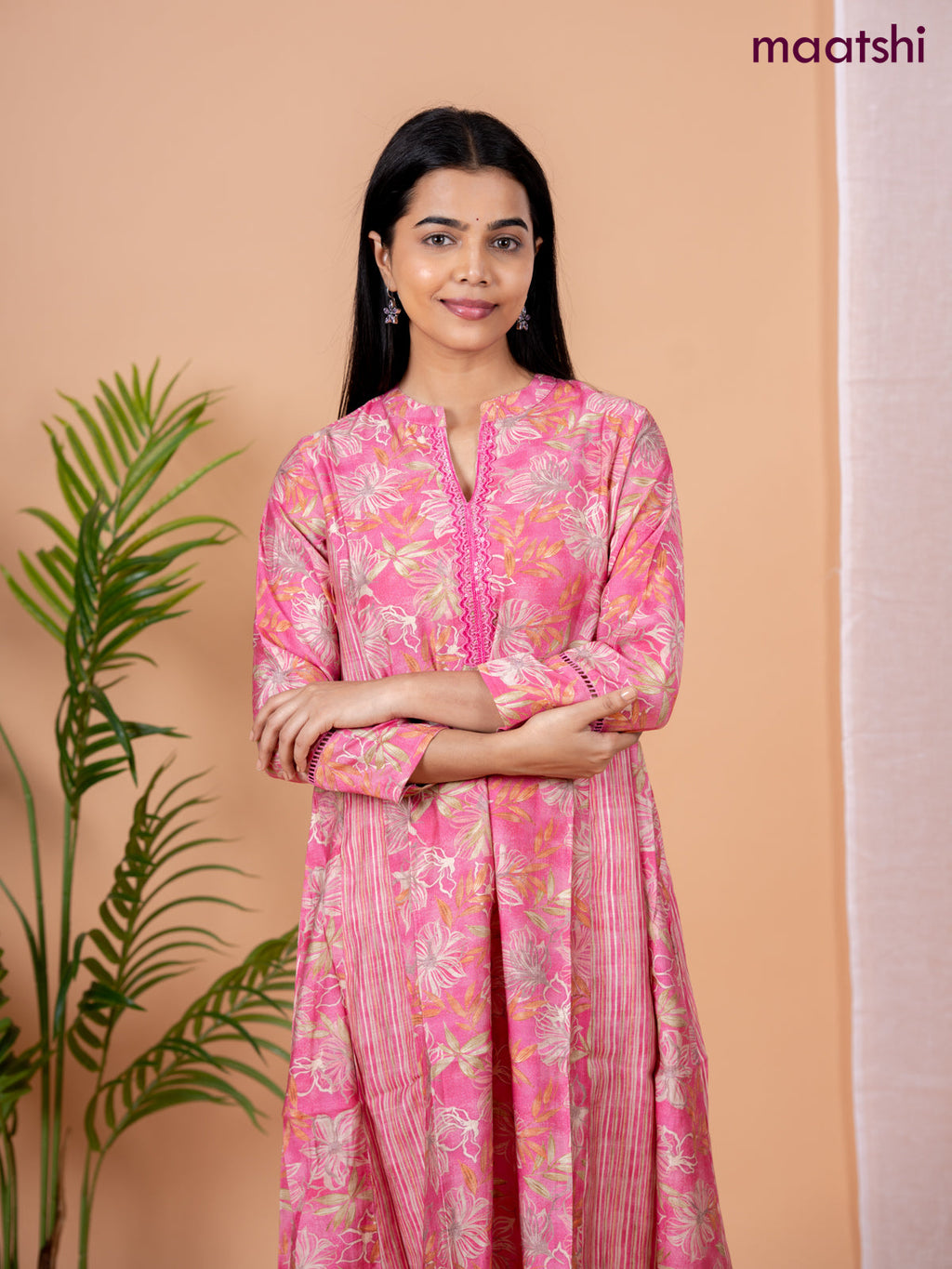 Rayon anarkali kurti pink with allover floral prints & sequin lace work neck pattern without pant