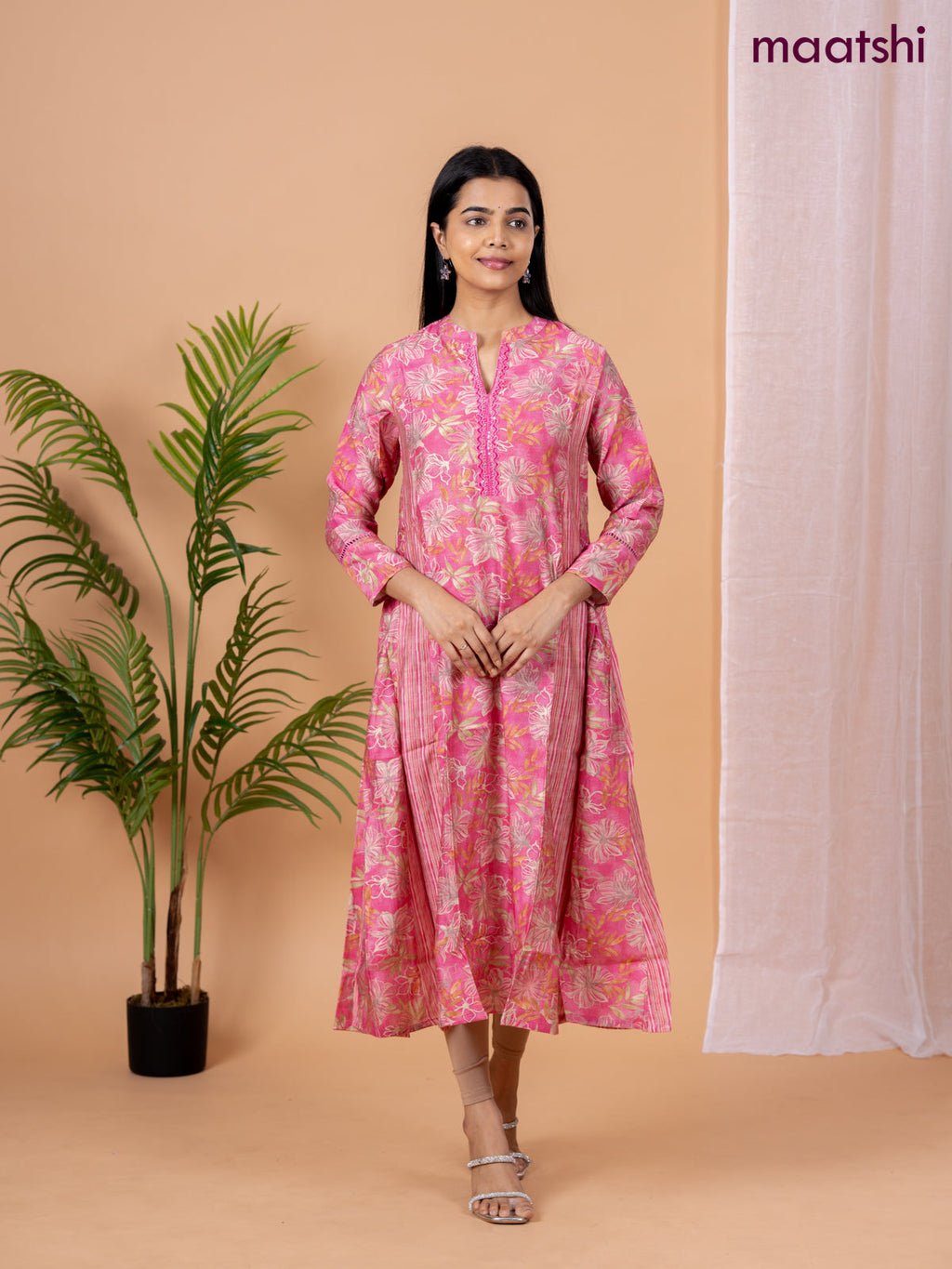 Rayon anarkali kurti pink with allover floral prints & sequin lace work neck pattern without pant