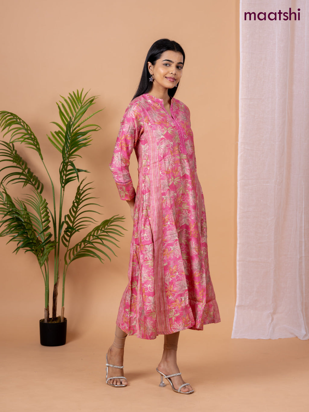 Rayon anarkali kurti pink with allover floral prints & sequin lace work neck pattern without pant