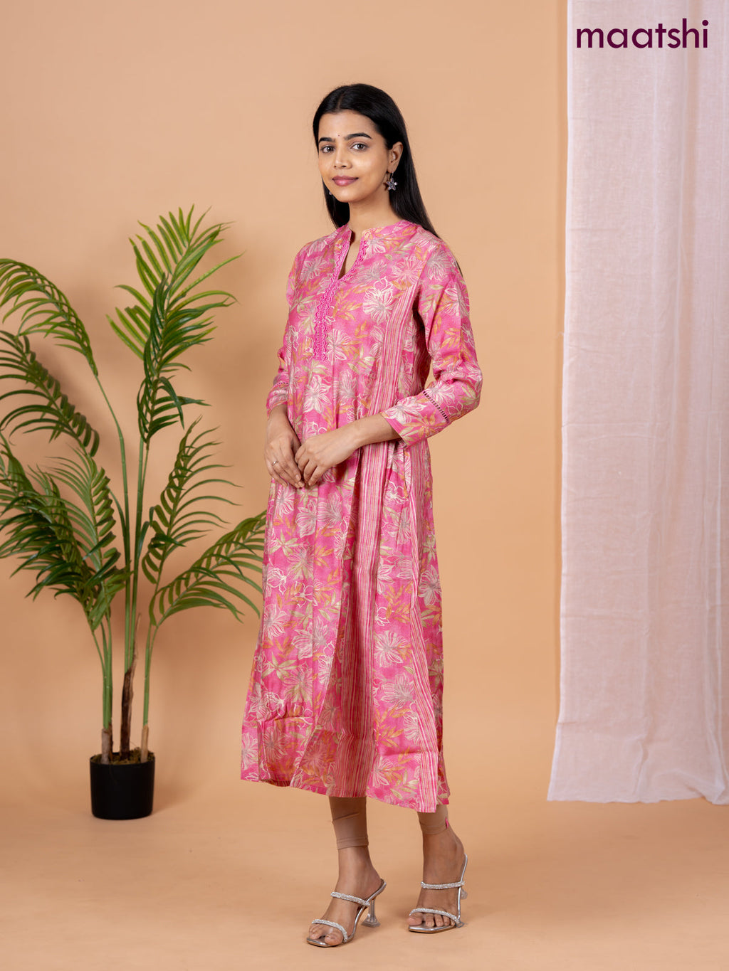 Rayon anarkali kurti pink with allover floral prints & sequin lace work neck pattern without pant