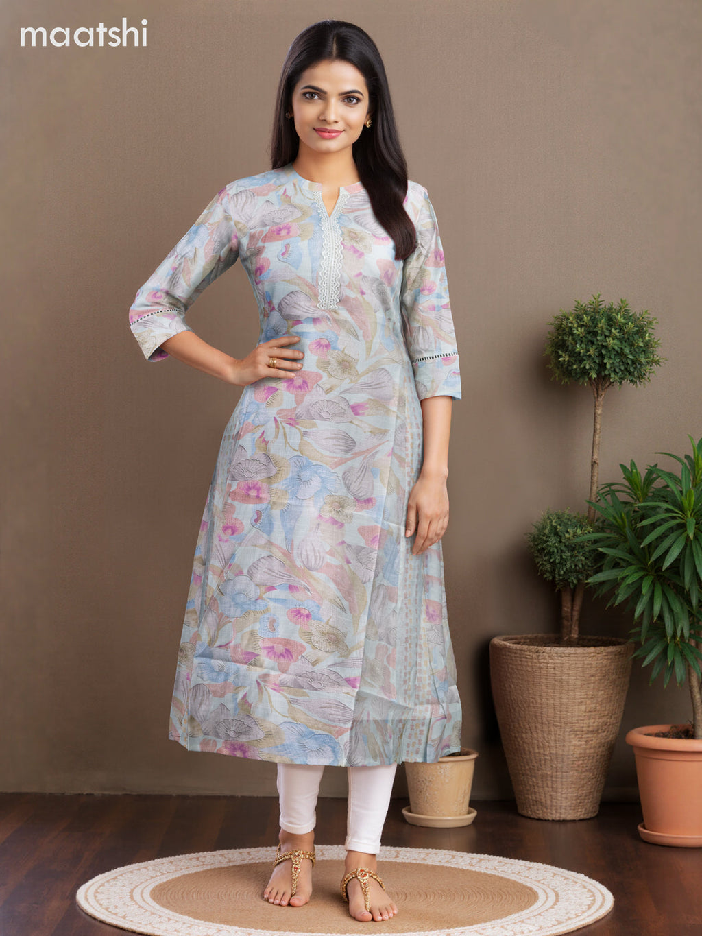 Rayon anarkali kurti pastel green shade with allover floral prints & lace work neck pattern without pant