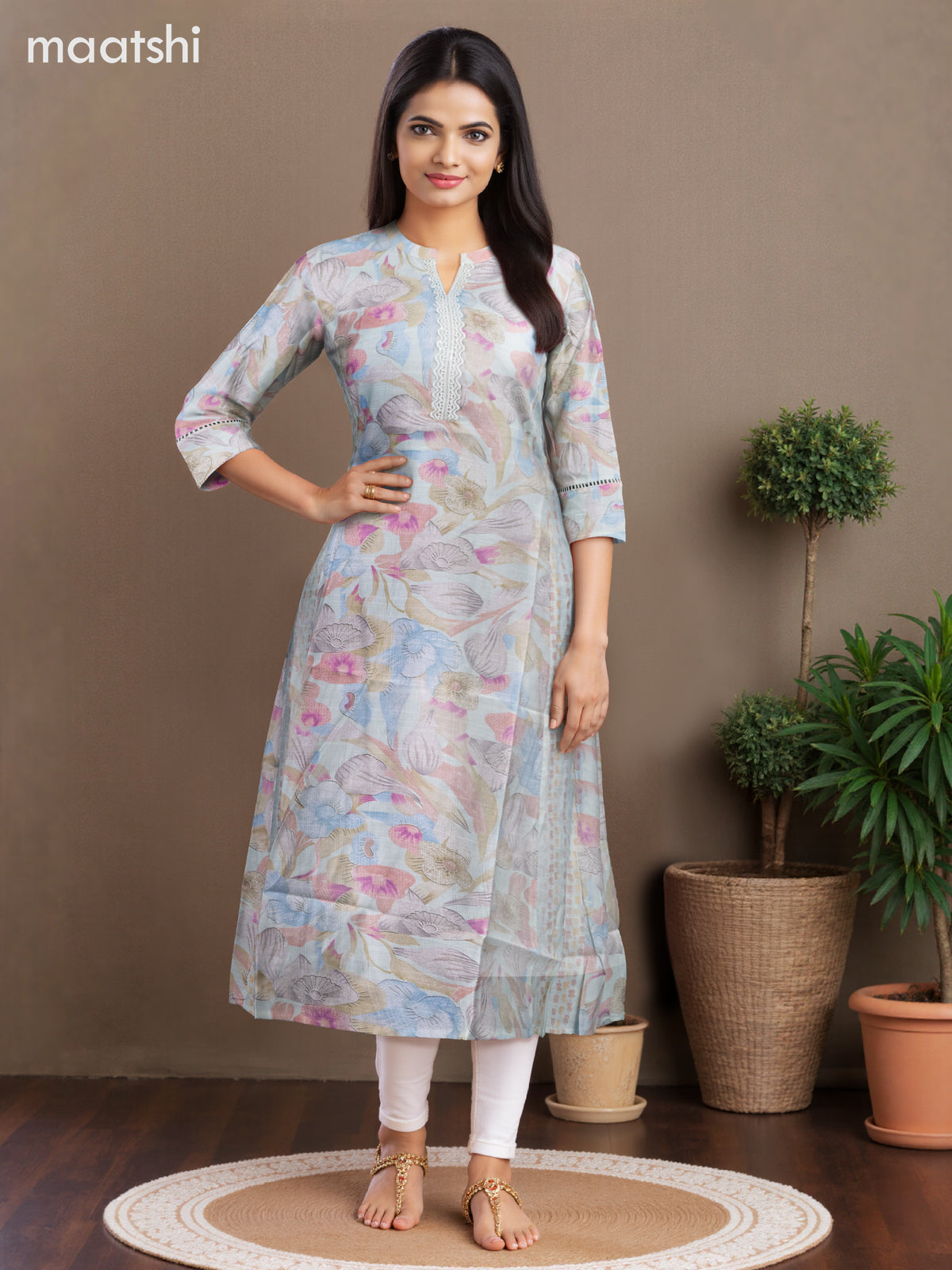Rayon anarkali kurti pastel green shade with allover floral prints & lace work neck pattern without pant