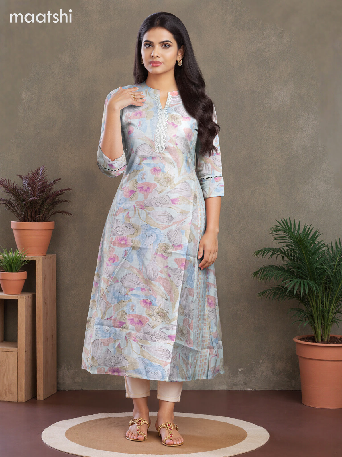 Rayon anarkali kurti pastel green shade with allover floral prints & lace work neck pattern without pant