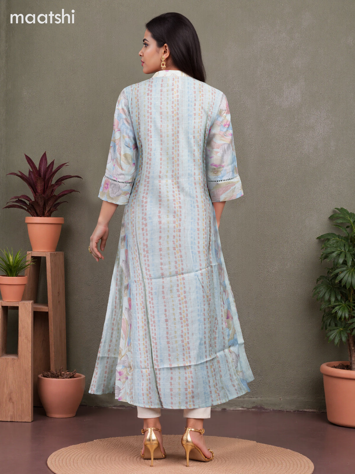 Rayon anarkali kurti pastel green shade with allover floral prints & lace work neck pattern without pant