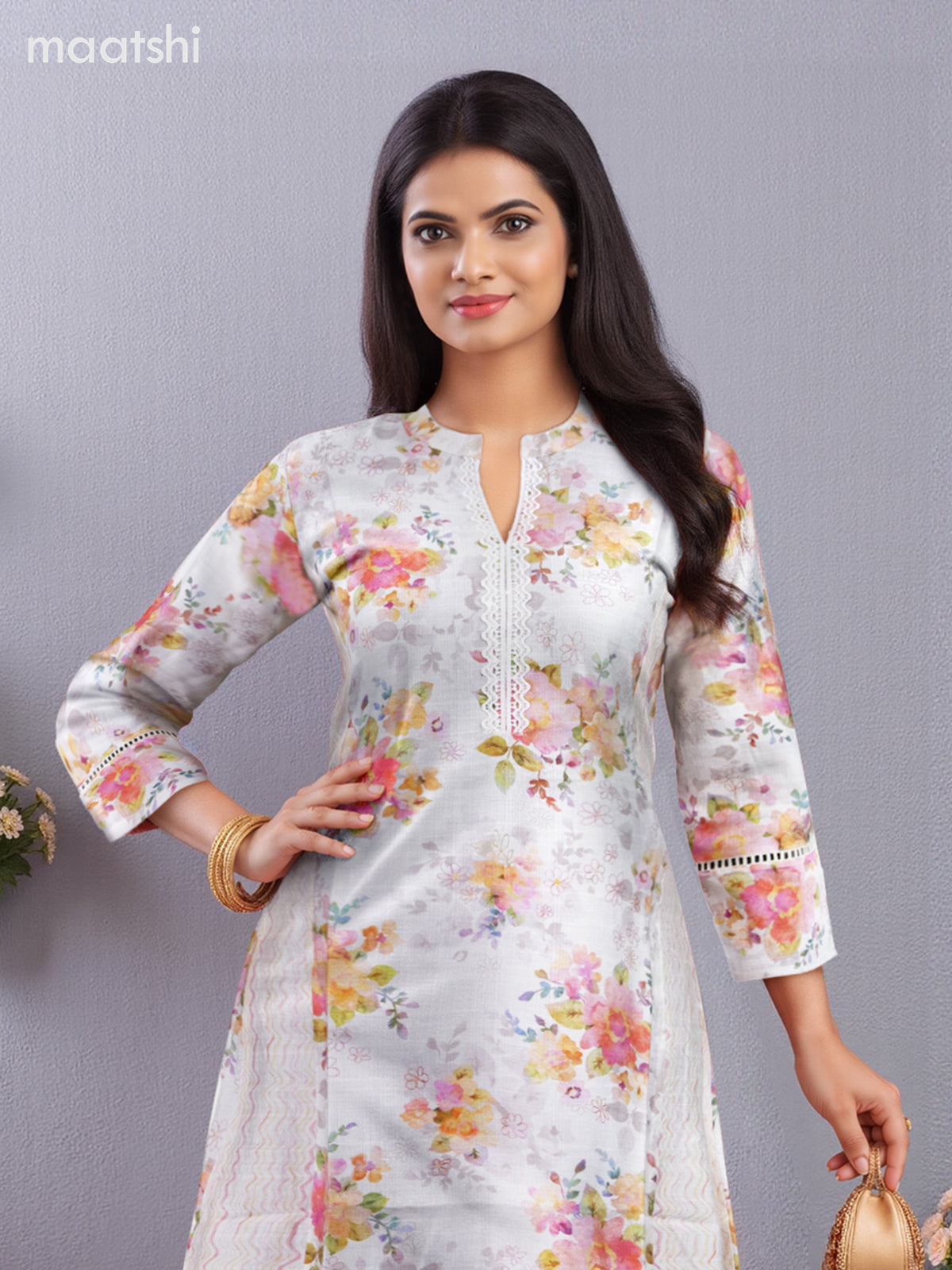 Rayon anarkali kurti off white with allover floral prints & lace work neck pattern without pant