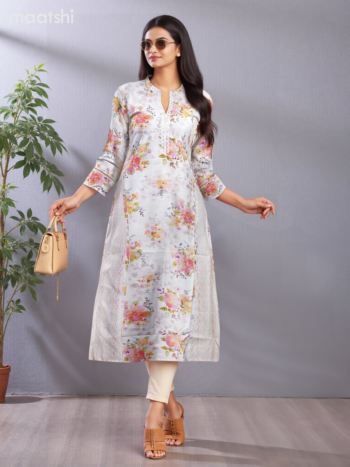 Rayon anarkali kurti off white with allover floral prints & lace work neck pattern without pant
