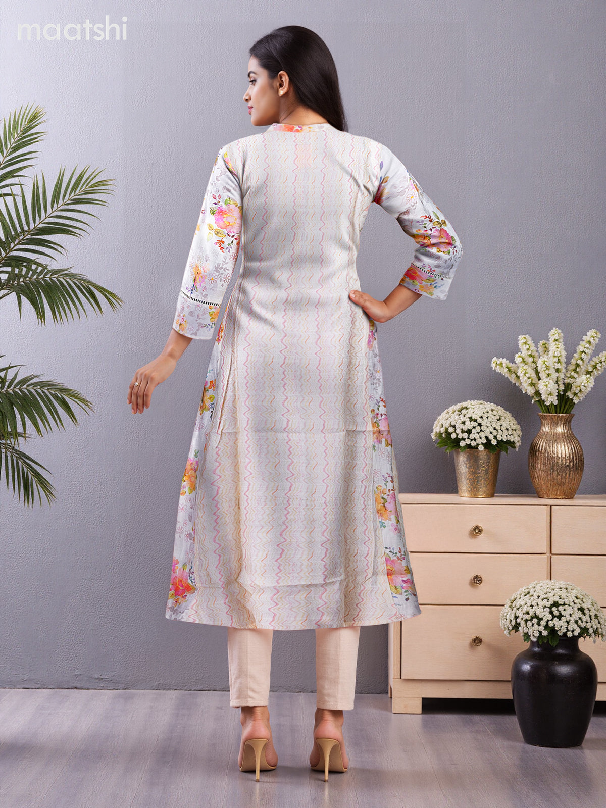Rayon anarkali kurti off white with allover floral prints & lace work neck pattern without pant