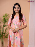 Rayon anarkali kurti peach pink with allover floral prints & simple neck pattern without pant