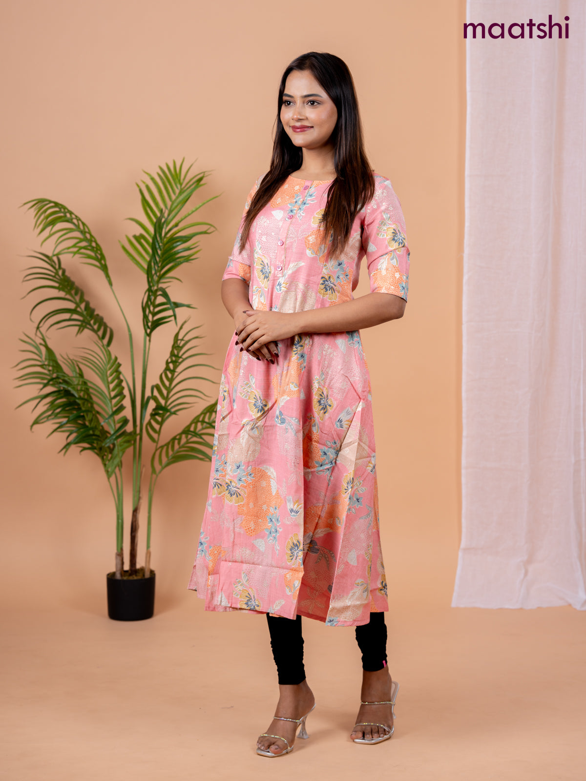 Rayon anarkali kurti peach pink with allover floral prints & simple neck pattern without pant