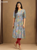 Rayon anarkali kurti elaichi green with allover floral prints & simple neck pattern without pant