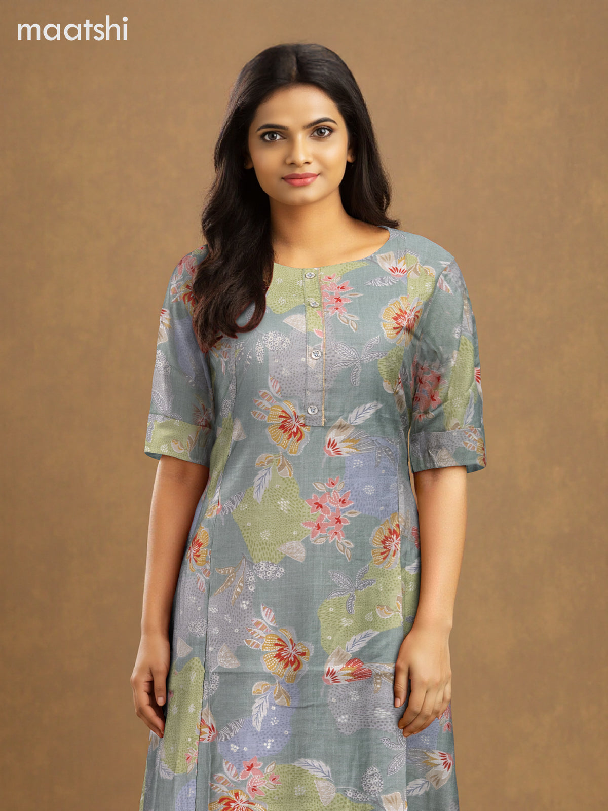 Rayon anarkali kurti elaichi green with allover floral prints & simple neck pattern without pant