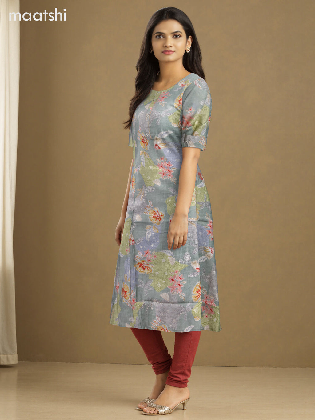 Rayon anarkali kurti elaichi green with allover floral prints & simple neck pattern without pant
