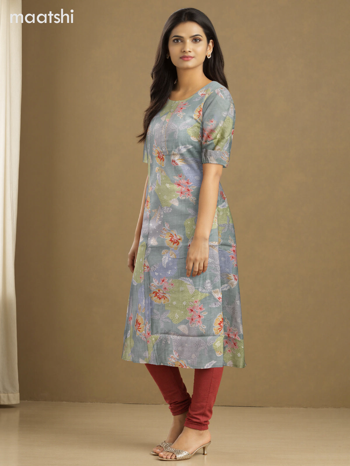 Rayon anarkali kurti elaichi green with allover floral prints & simple neck pattern without pant
