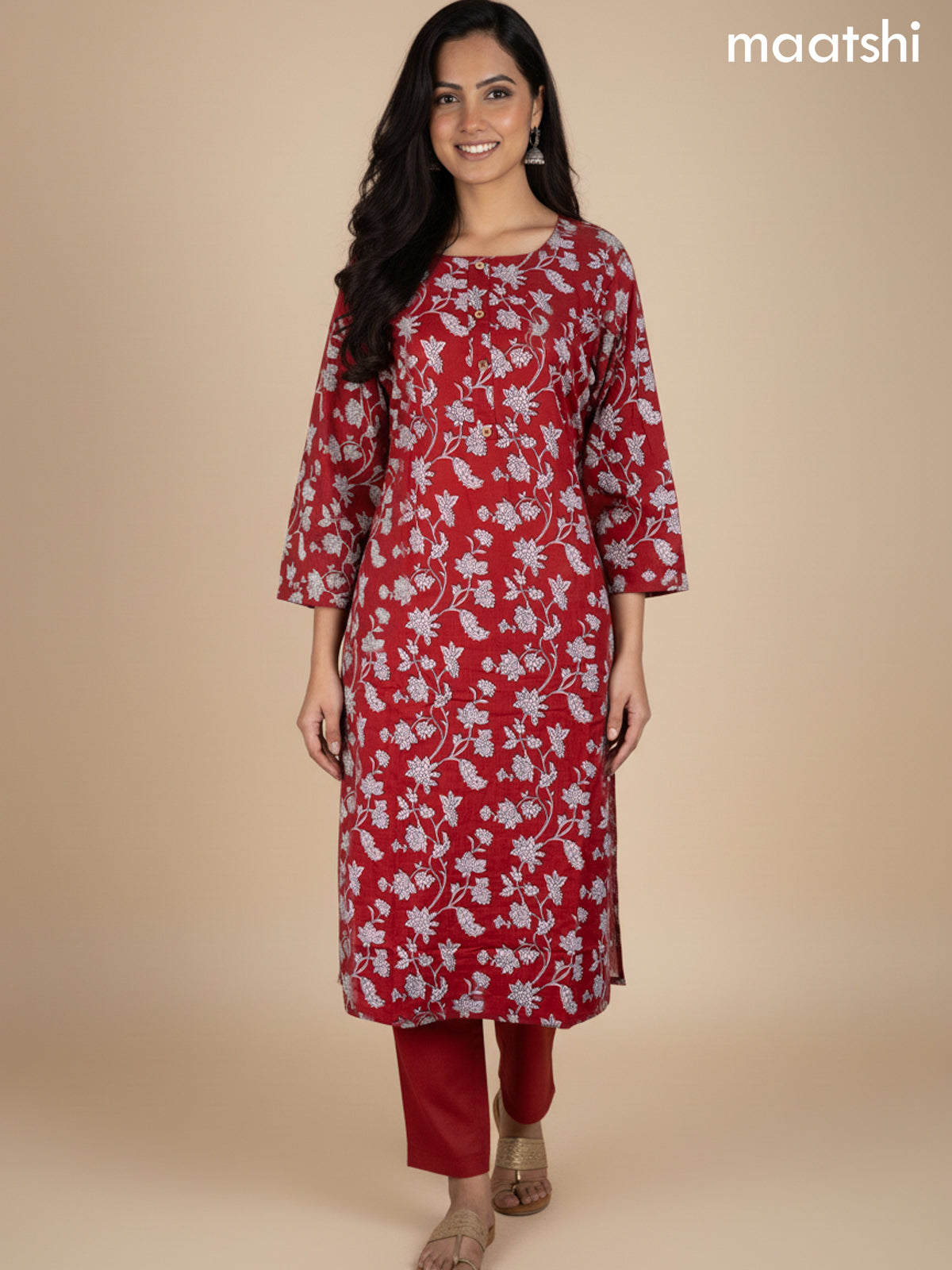 Red Cotton Floral Printed Straight Suit