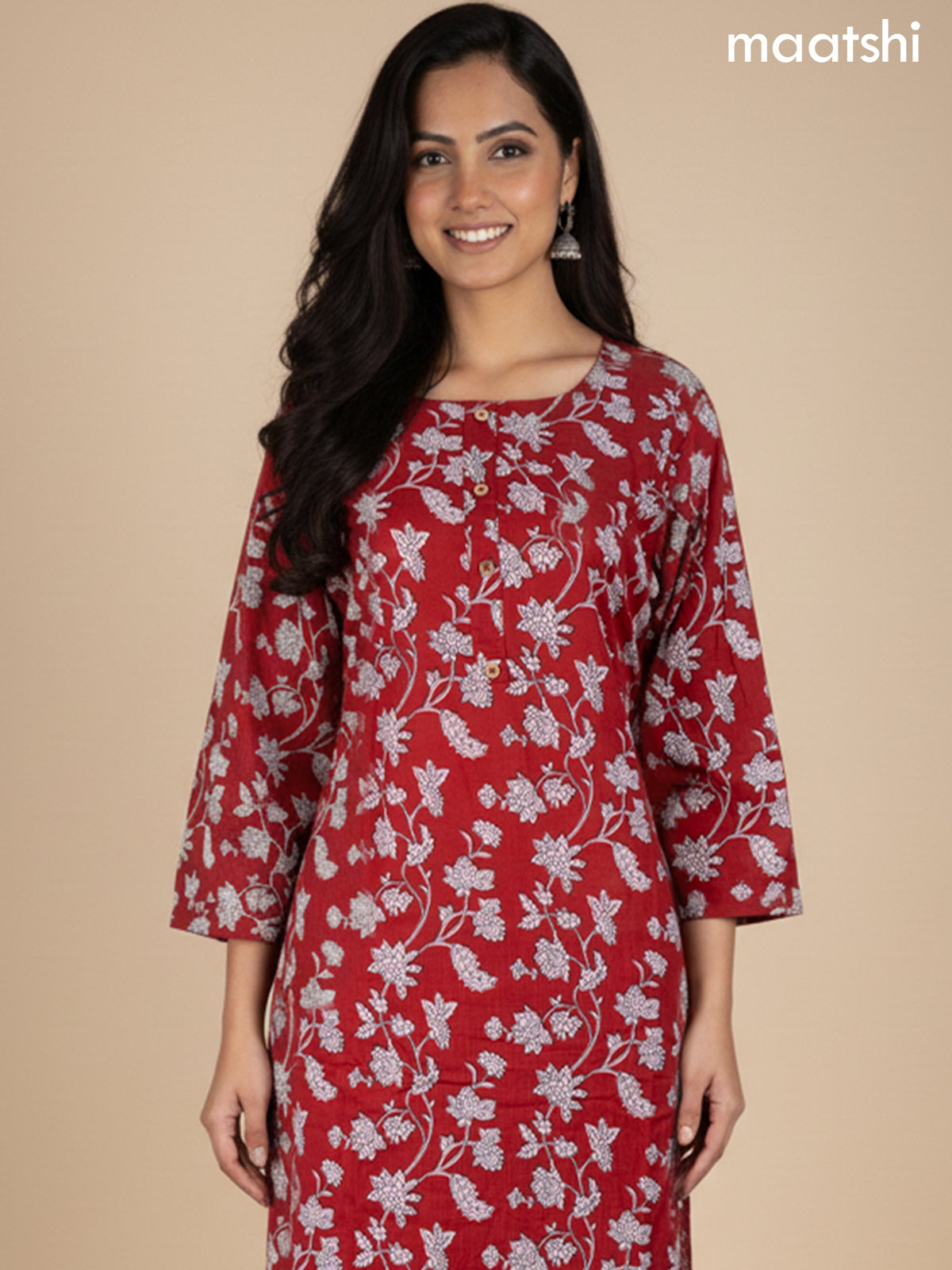 Red Cotton Floral Printed Straight Suit