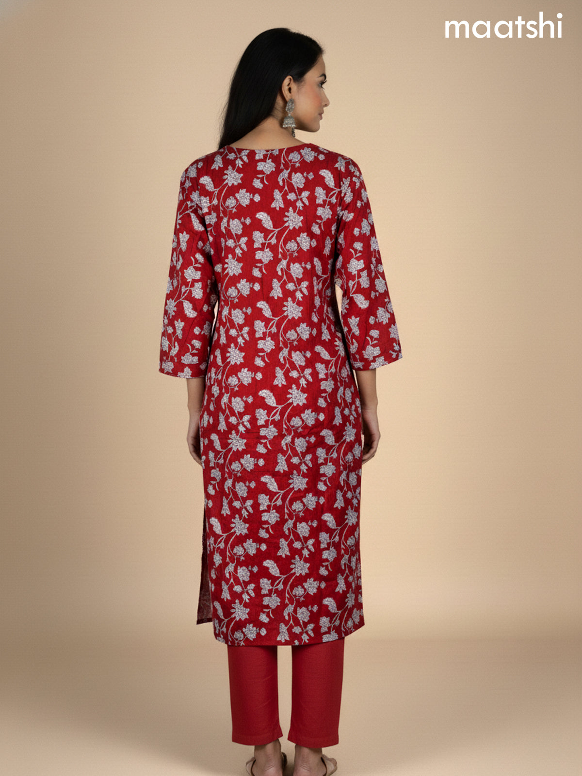Red Cotton Floral Printed Straight Suit