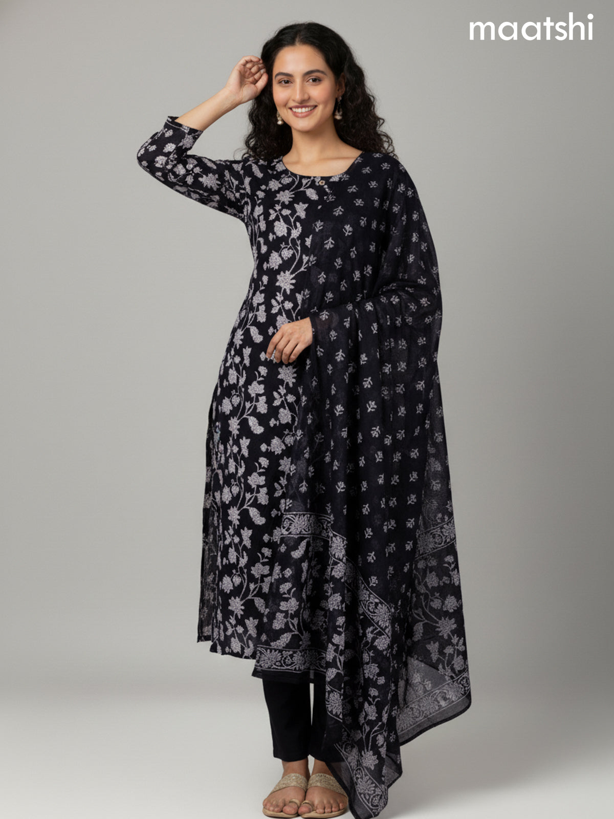 Black Cotton Floral Printed Straight Suit
