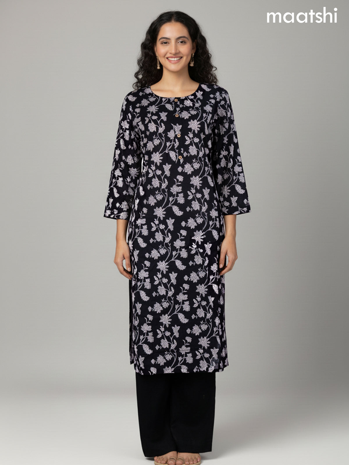 Black Cotton Floral Printed Straight Suit