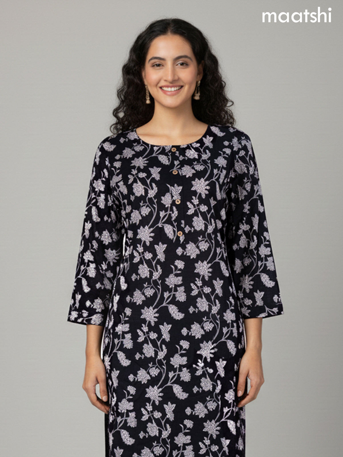 Black Cotton Floral Printed Straight Suit