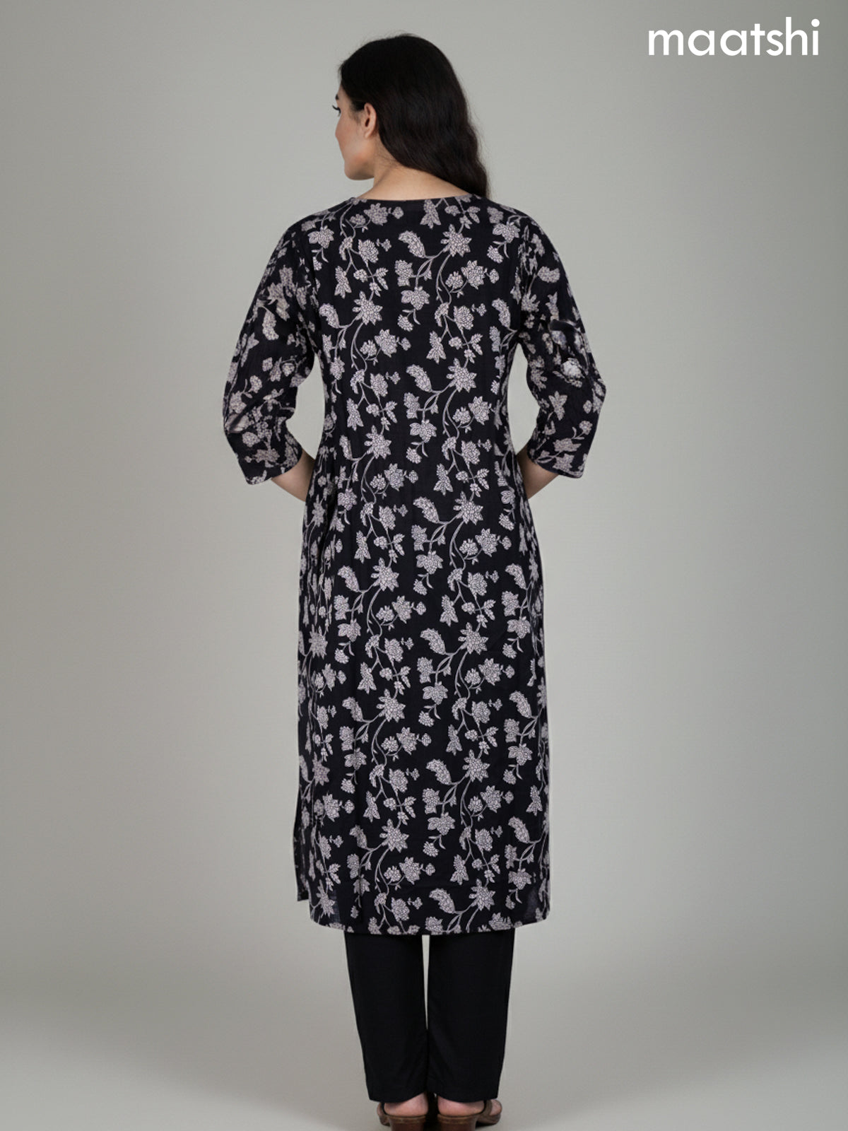 Black Cotton Floral Printed Straight Suit