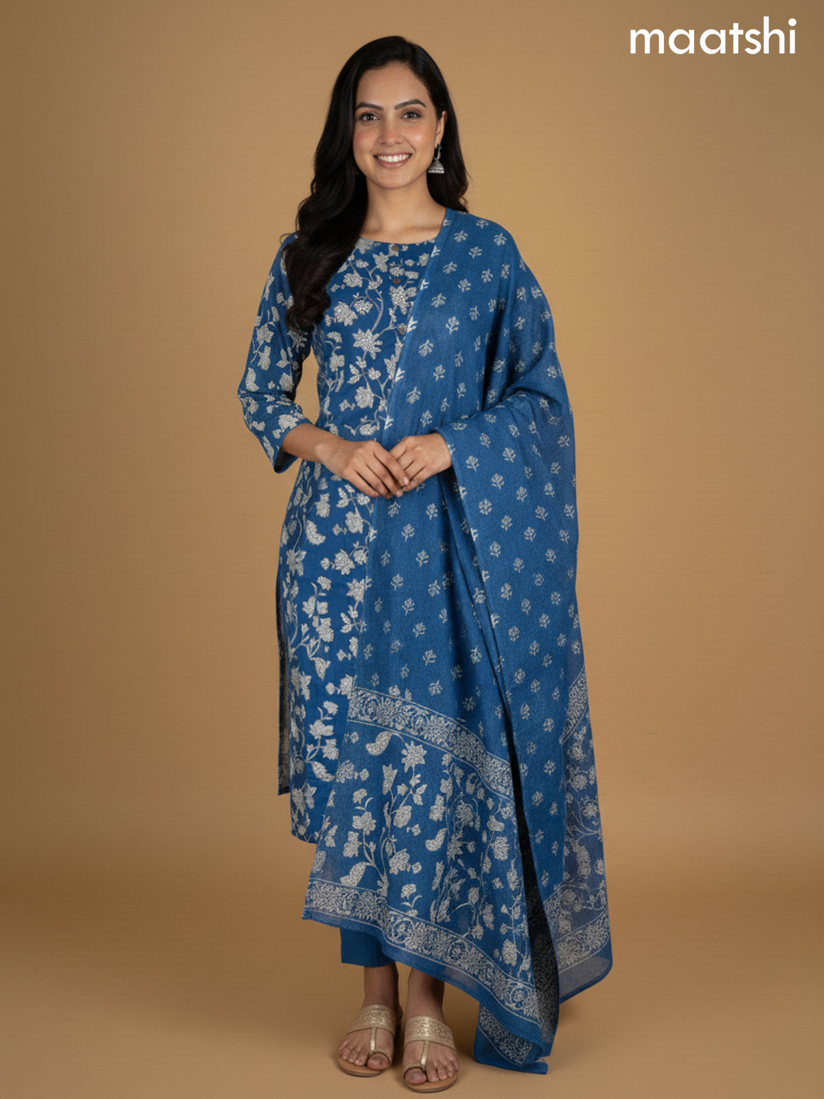 Bllue Cotton Floral Printed Straight Suit