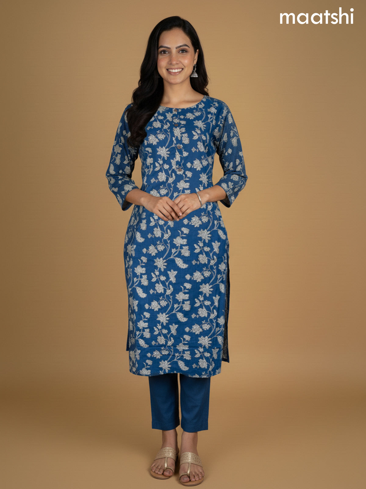Bllue Cotton Floral Printed Straight Suit