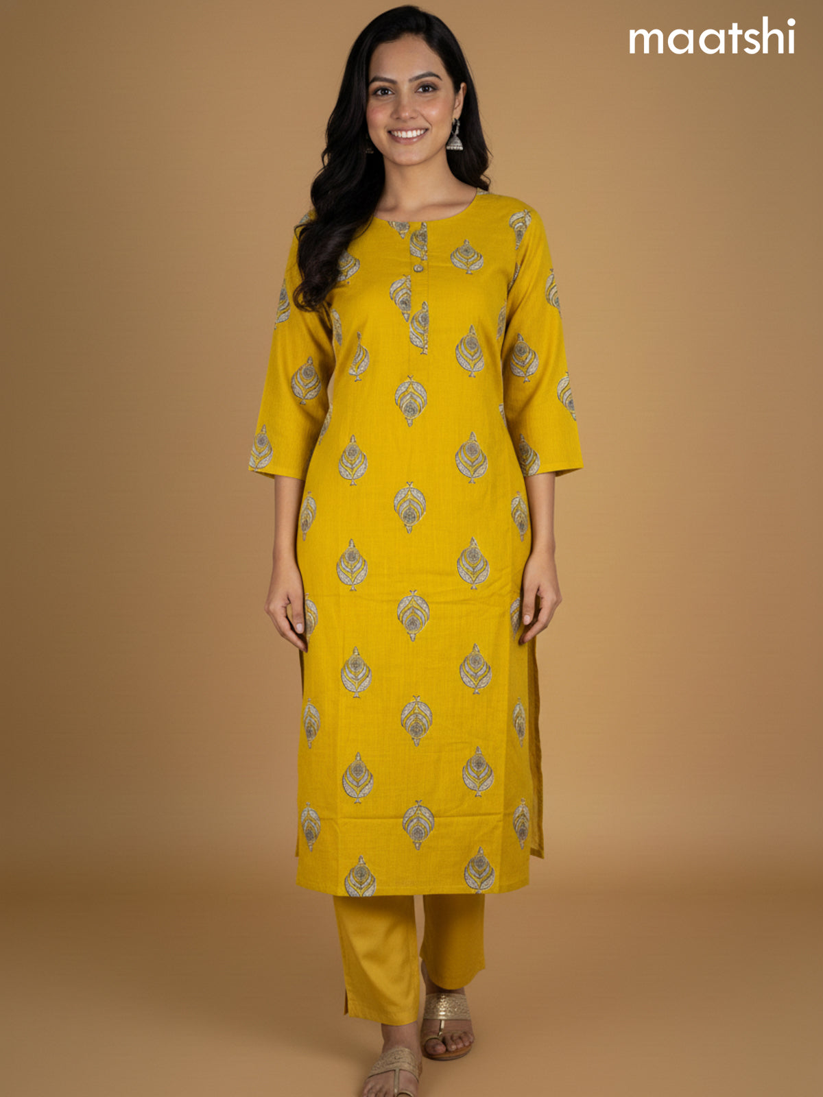 Mustard Yellow Cotton Printed Straight Suit