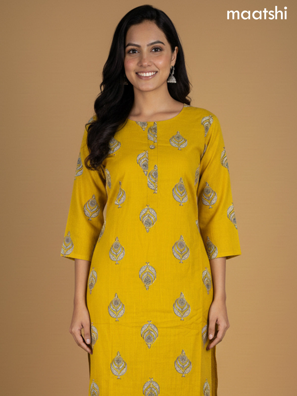 Mustard Yellow Cotton Printed Straight Suit