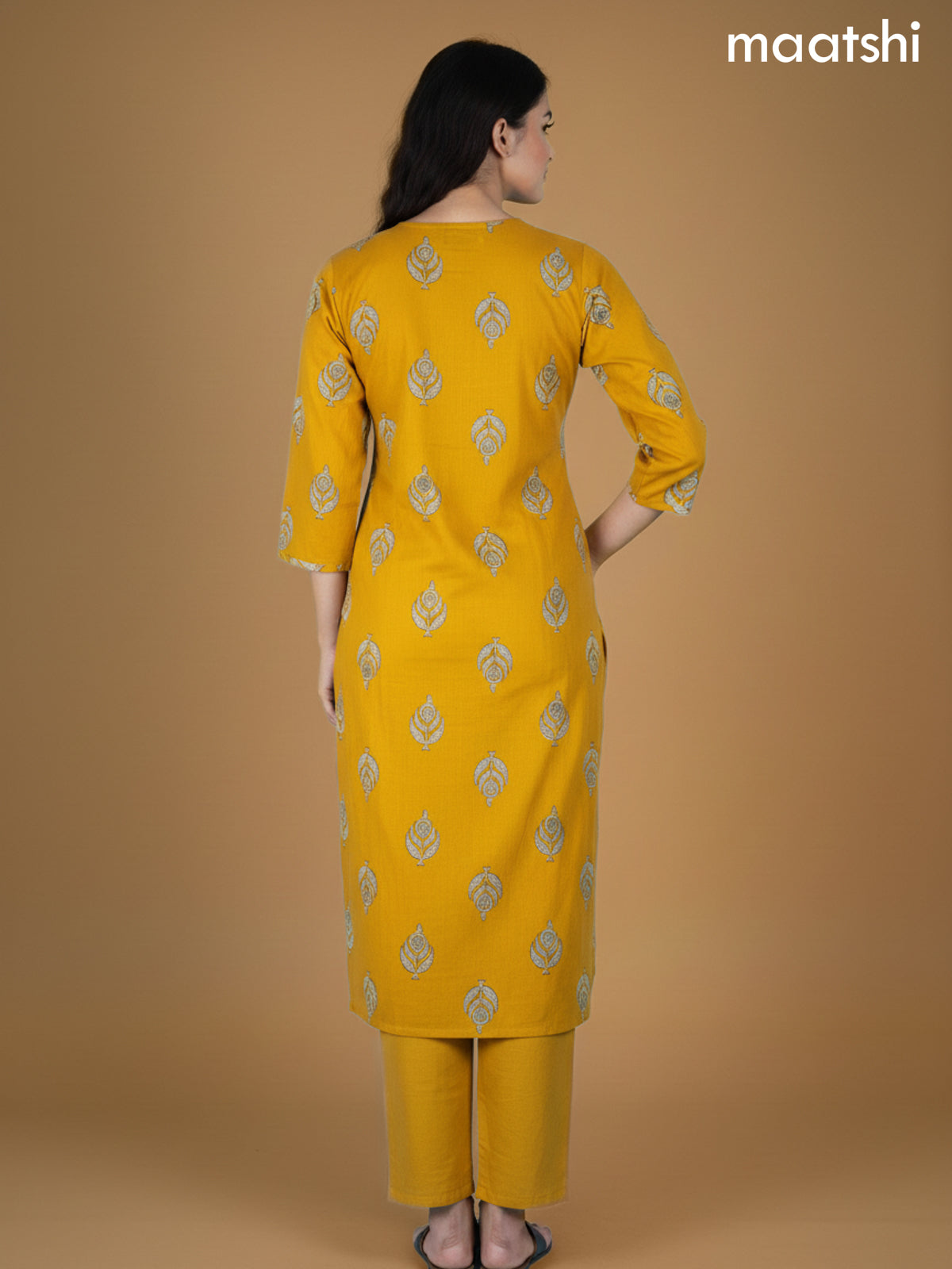 Mustard Yellow Cotton Printed Straight Suit