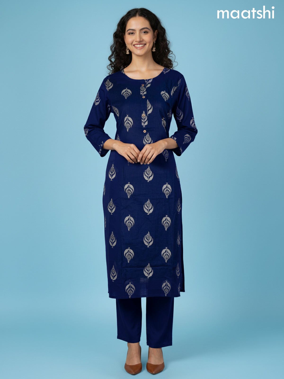 Navy Blue Cotton Printed Straight Suit