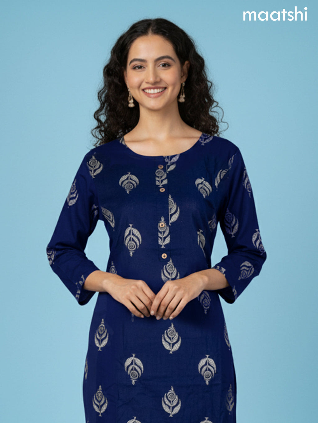 Navy Blue Cotton Printed Straight Suit