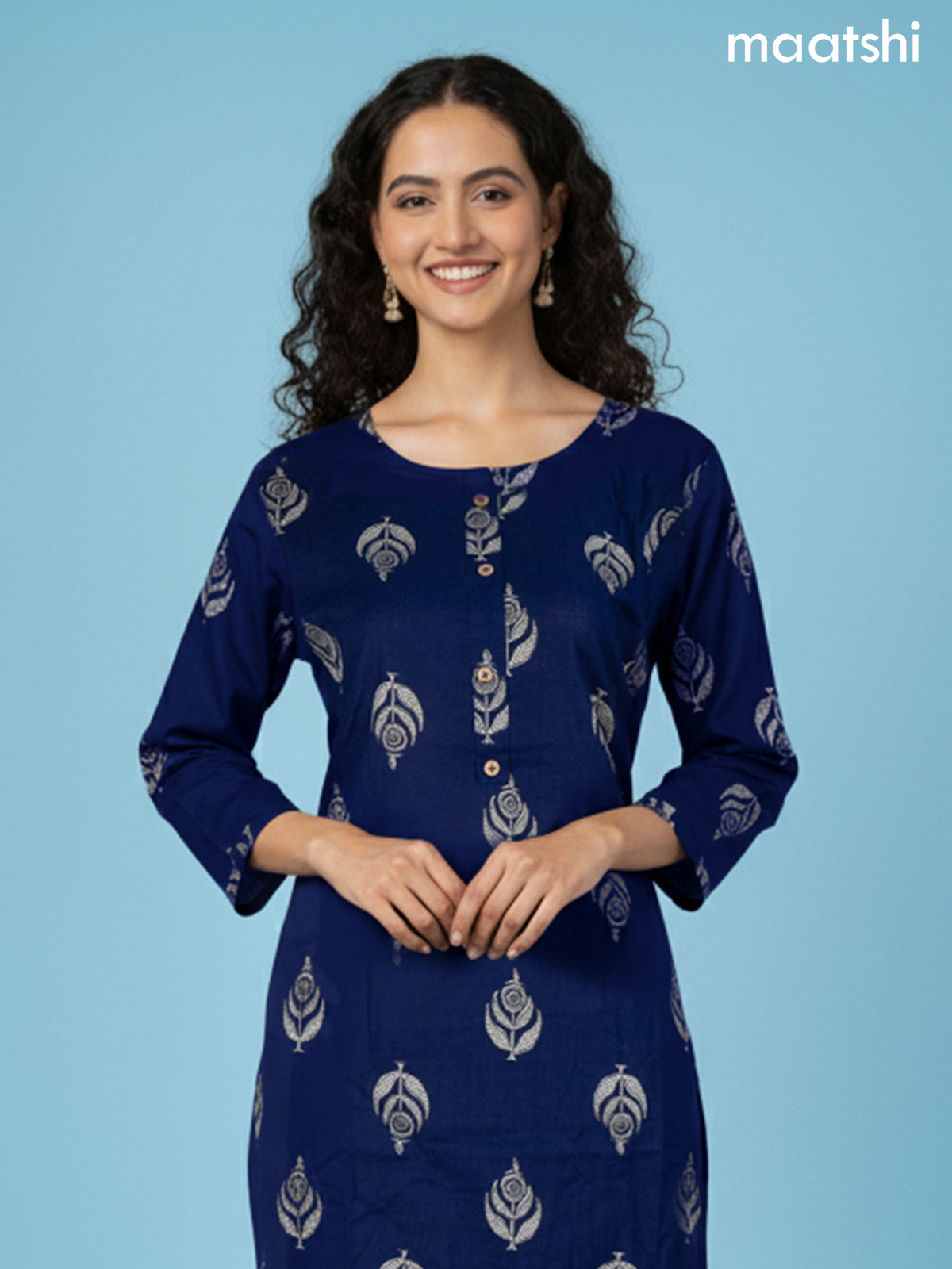 Navy Blue Cotton Printed Straight Suit