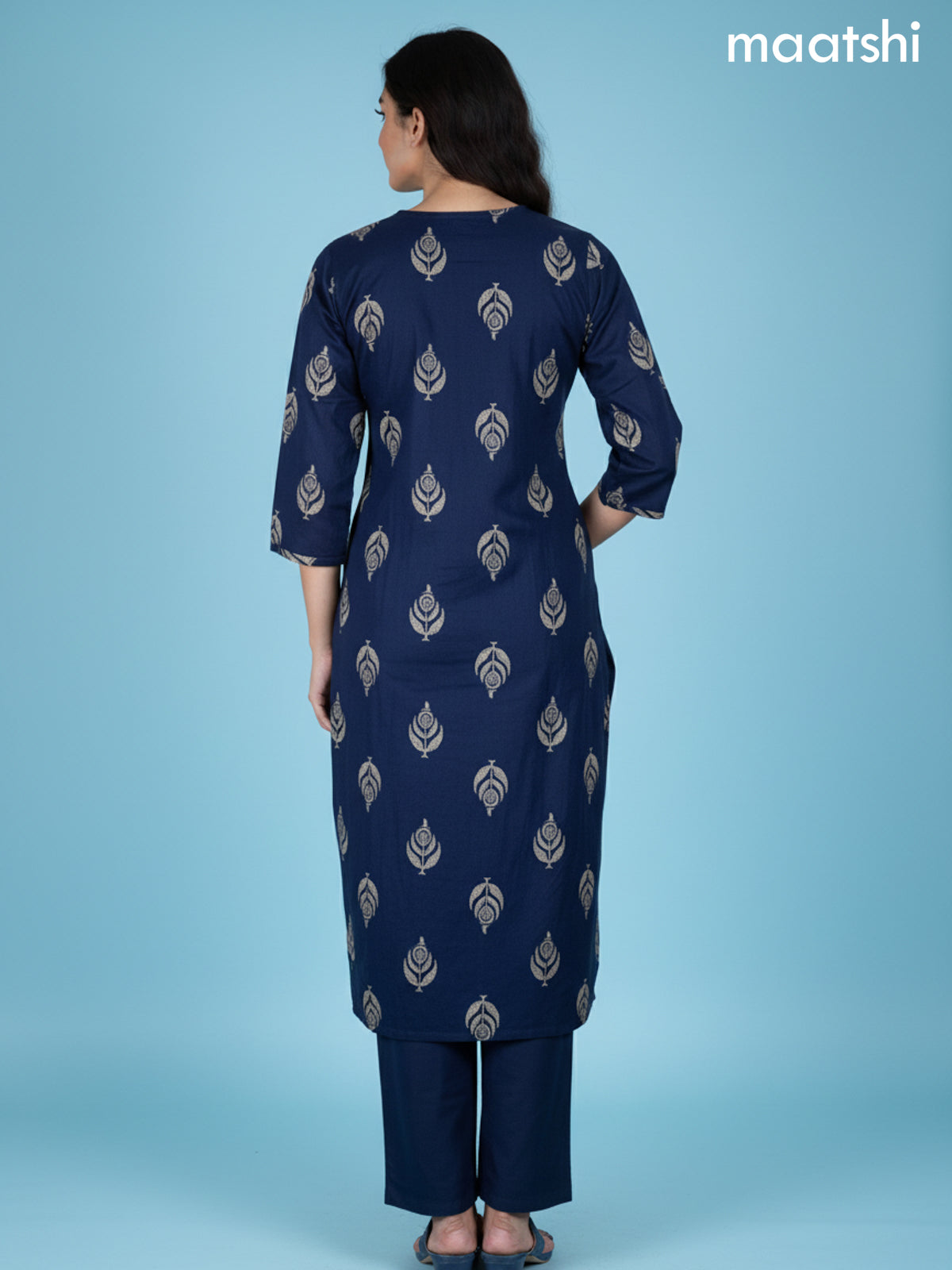 Navy Blue Cotton Printed Straight Suit