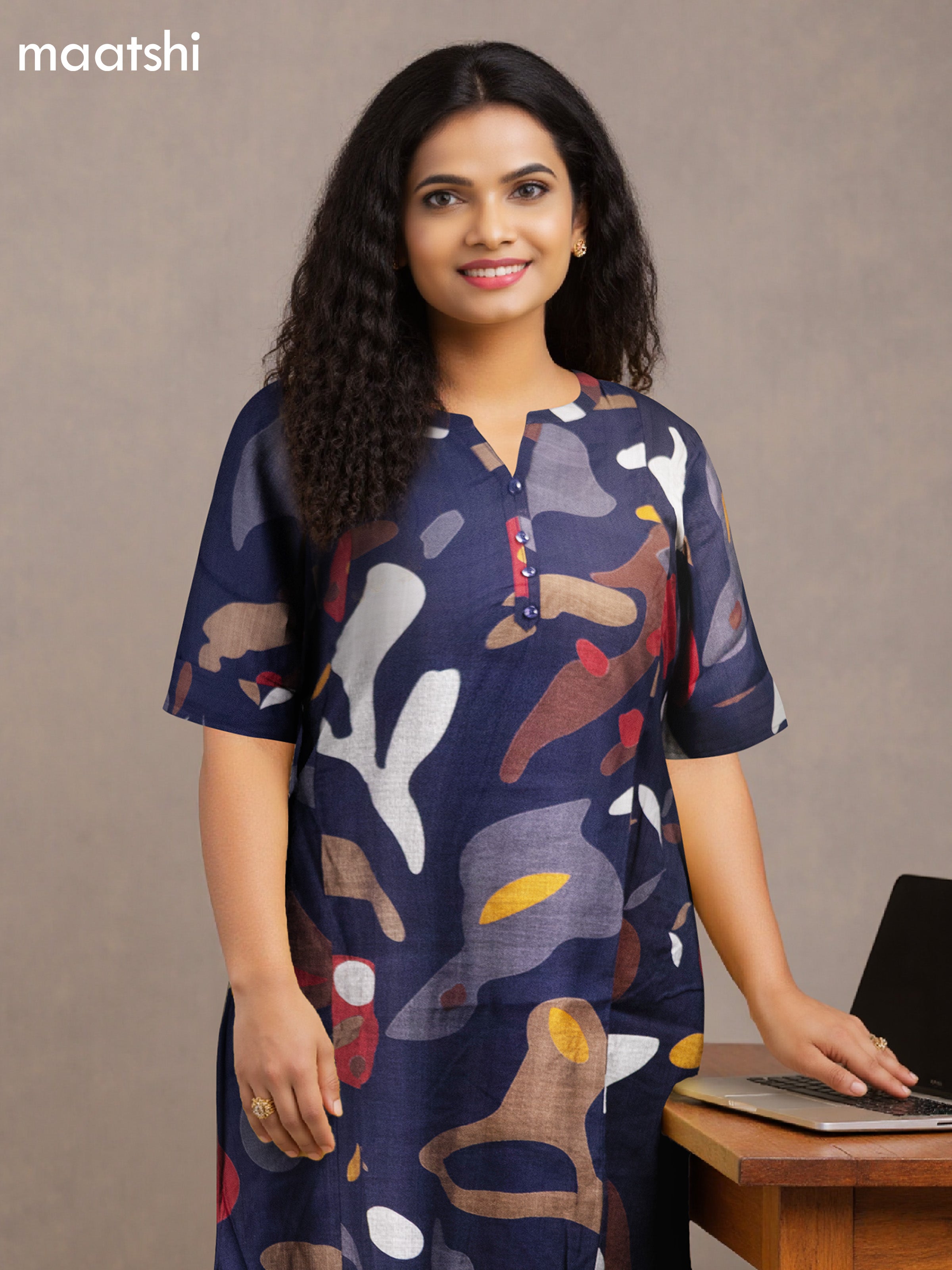 Rayon anarkali kurti deep navy blue with allover prints & simple neck pattern without pant