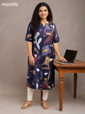 Rayon anarkali kurti deep navy blue with allover prints & simple neck pattern without pant