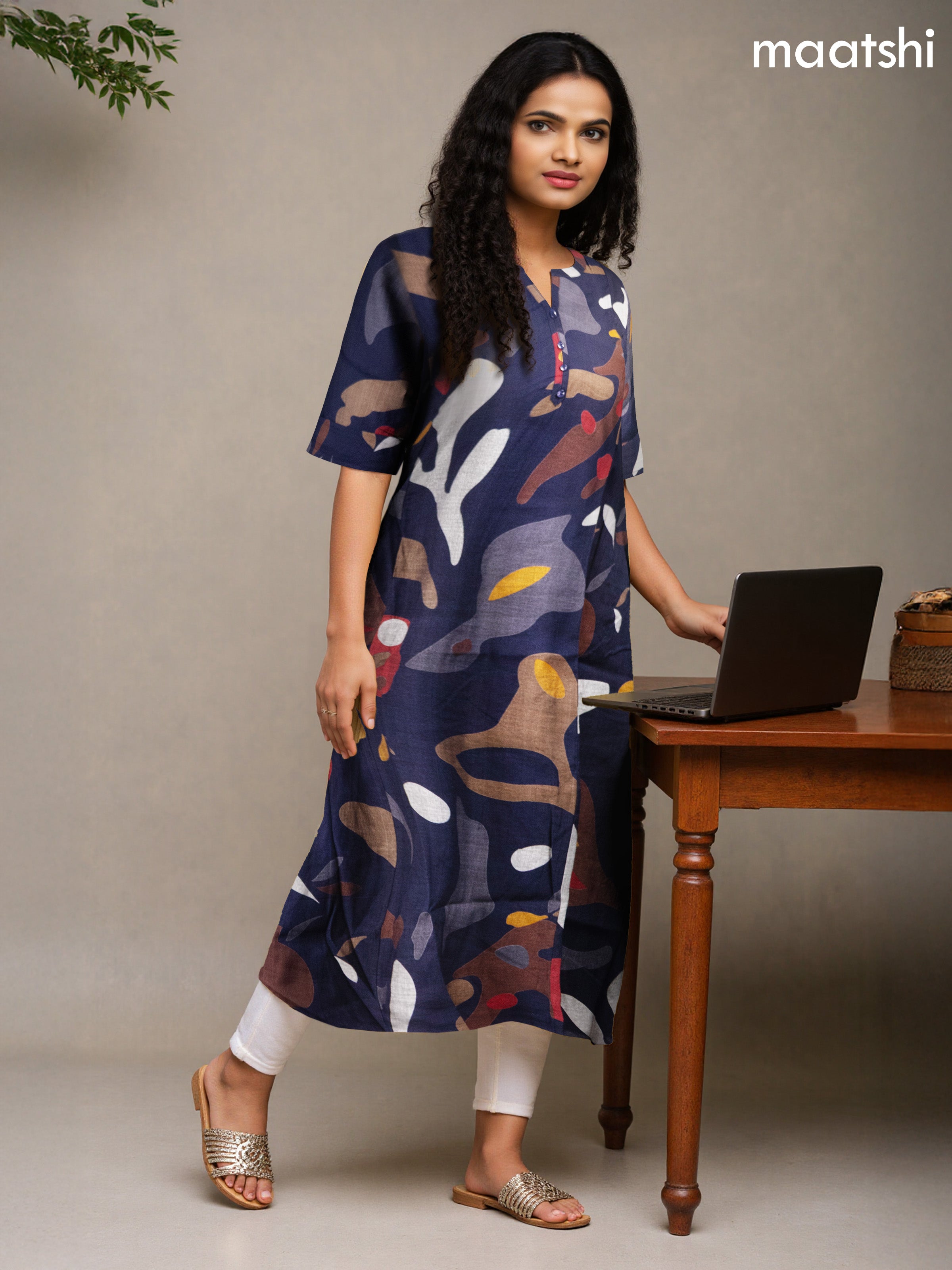 Rayon anarkali kurti deep navy blue with allover prints & simple neck pattern without pant