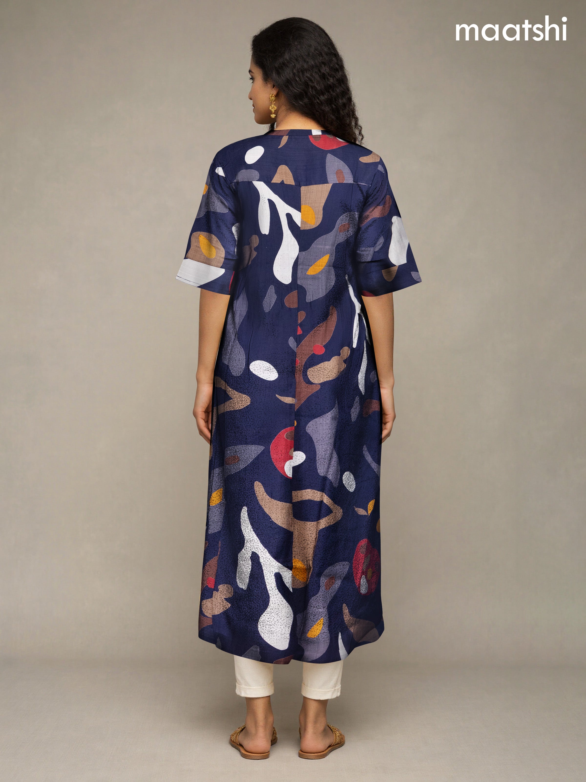 Rayon anarkali kurti deep navy blue with allover prints & simple neck pattern without pant