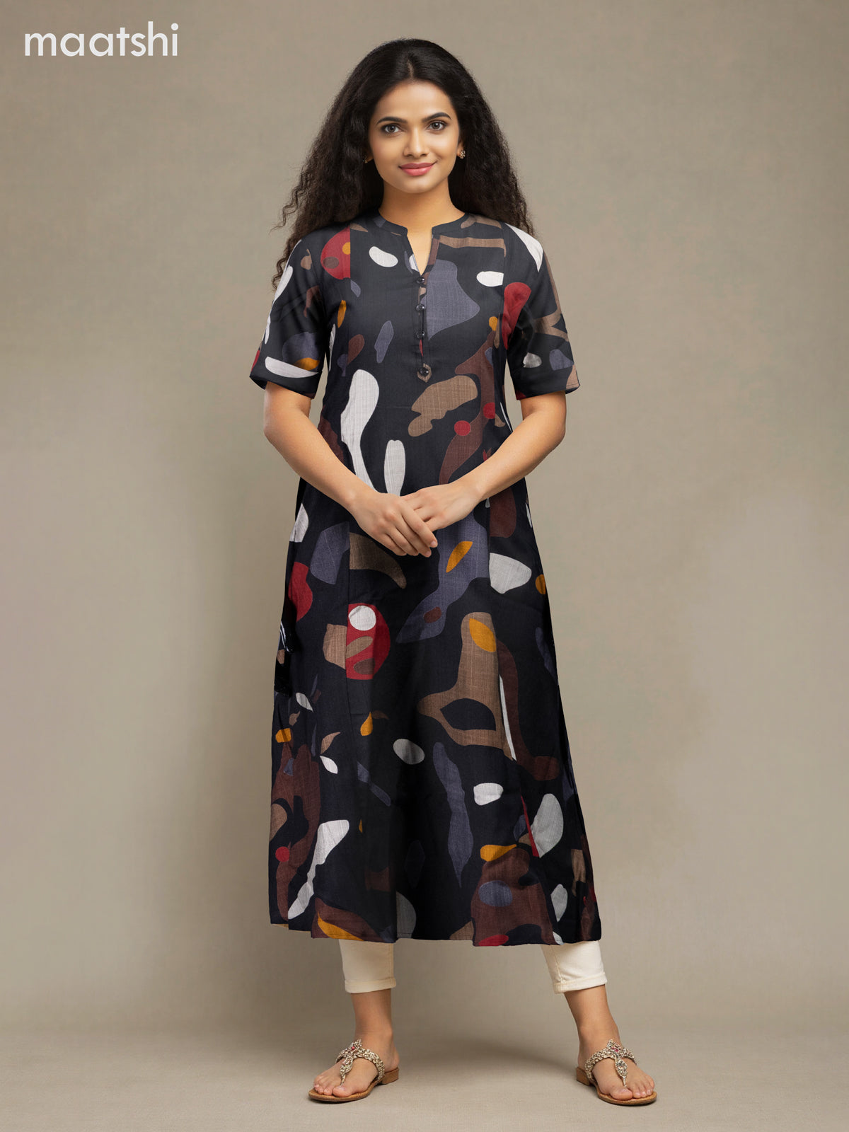 Rayon anarkali kurti black with allover prints & simple neck pattern without pant