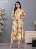 Rayon anarkali kurti pale yellow with allover floral prints & simple neck pattern without pant